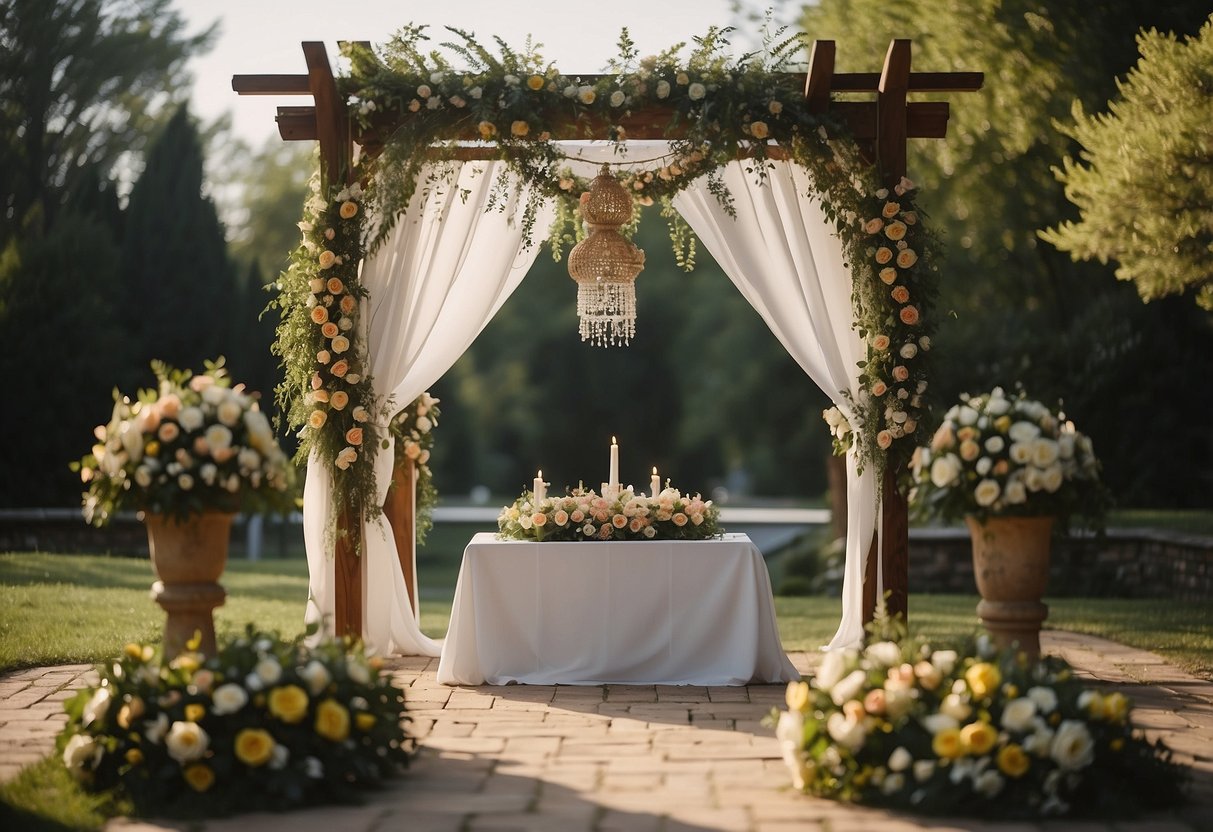 A simple backyard altar, adorned with flowers, under a canopy. An officiant stands ready to perform the ceremony