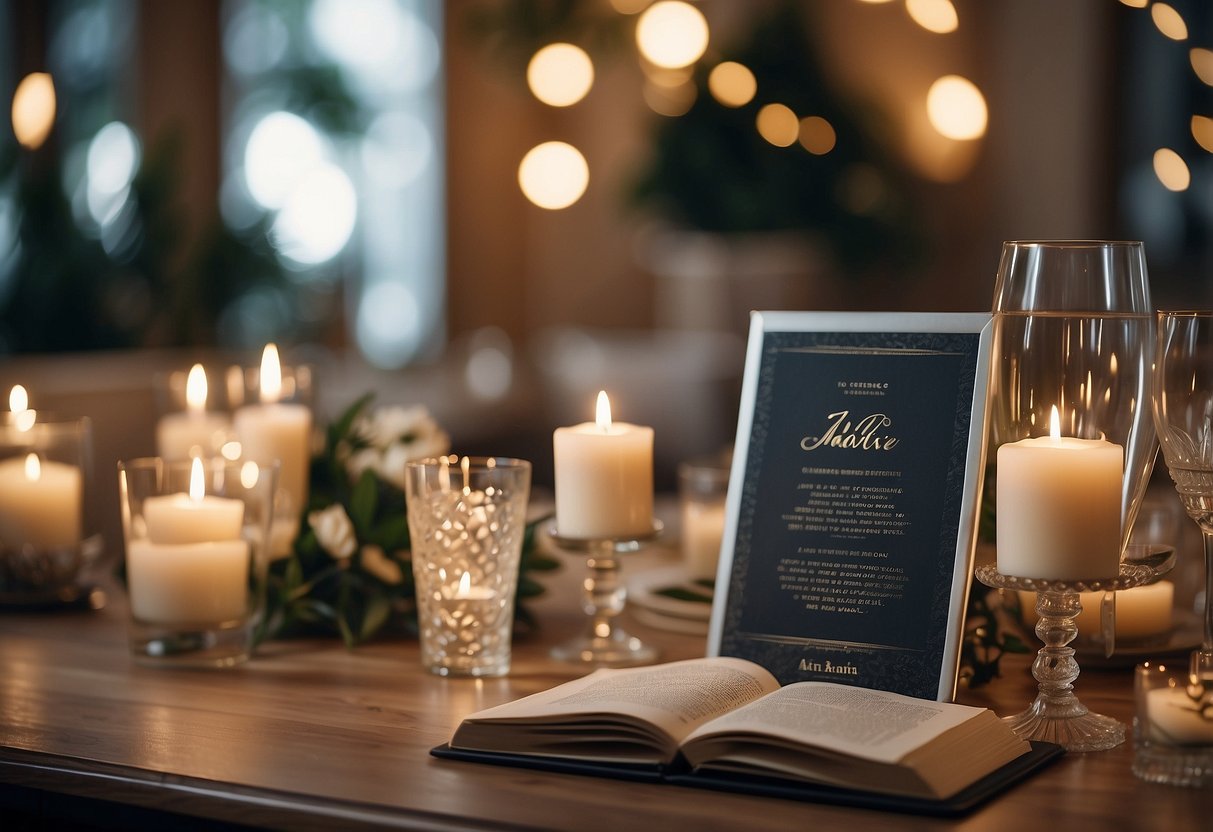 A wedding scene with a speech bubble containing a favorite movie or book line, surrounded by romantic decor and a celebratory atmosphere