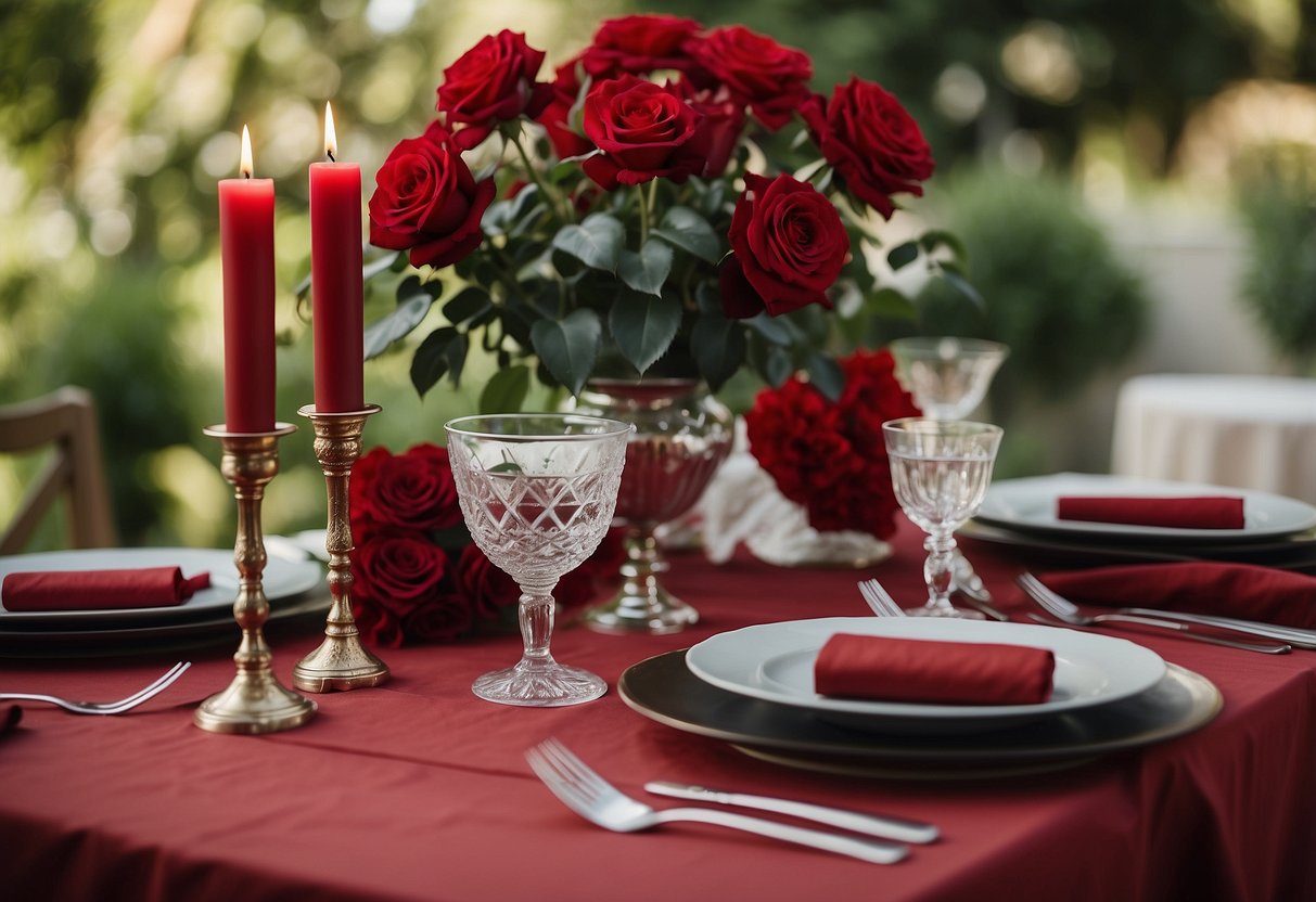 A lush garden with red roses and crimson decor, a romantic table setting with candles and elegant red linens