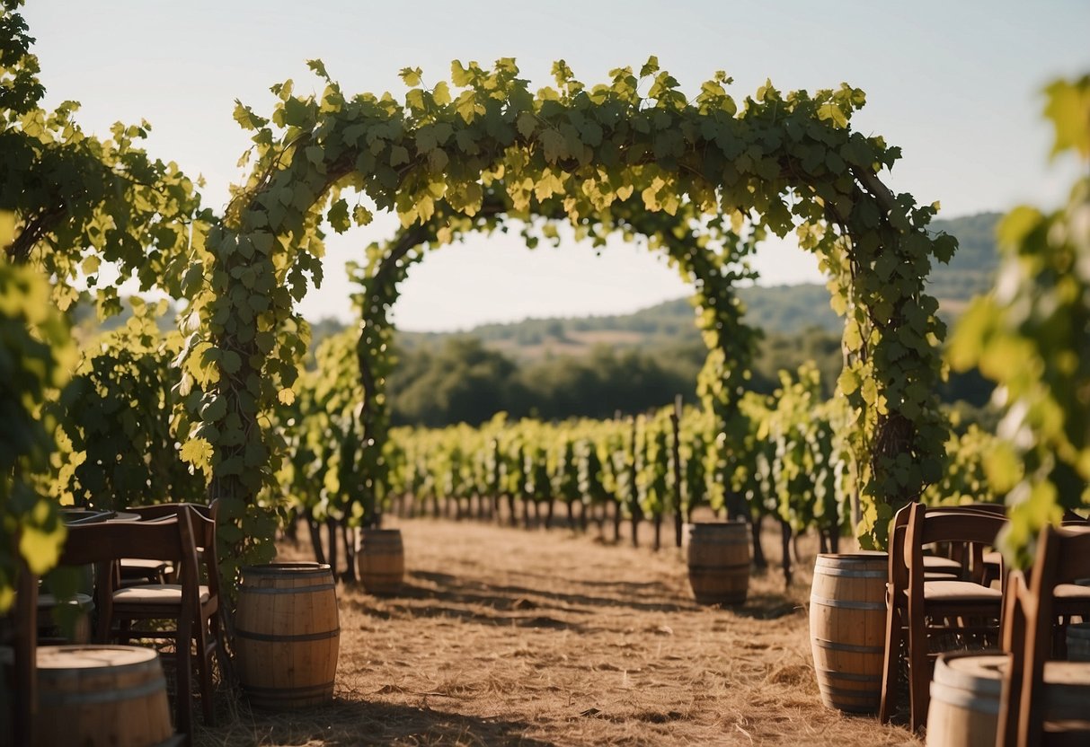 A vineyard set for a wedding, no guests in sight. Rows of grapevines, a rustic altar, and a canopy of greenery