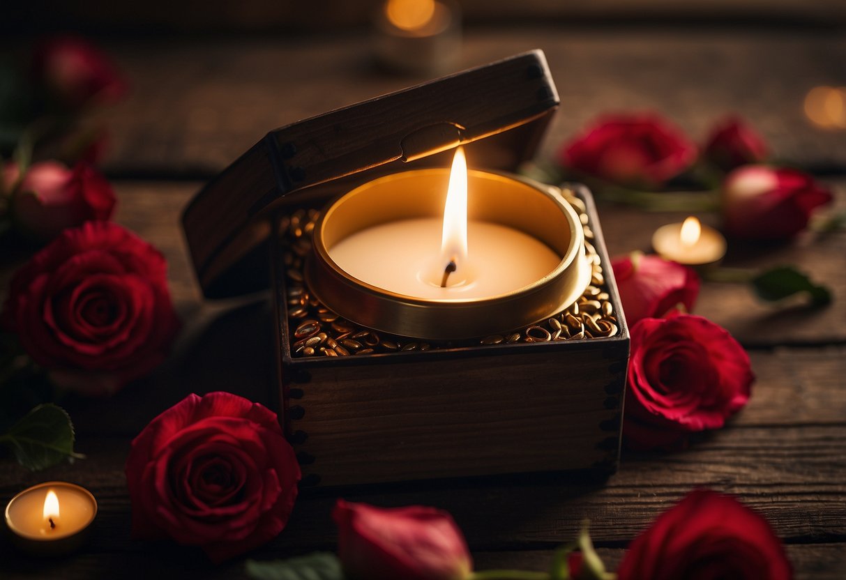 A ring box sits open on a rustic wooden table, surrounded by scattered rose petals and flickering candlelight