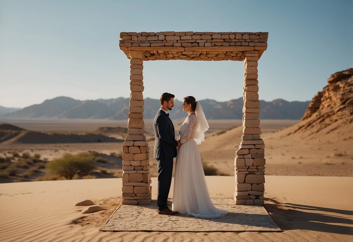 Two figures stand in the vast desert, facing each other. A simple altar made of stones and a small canopy provide the backdrop for their intimate vow exchange