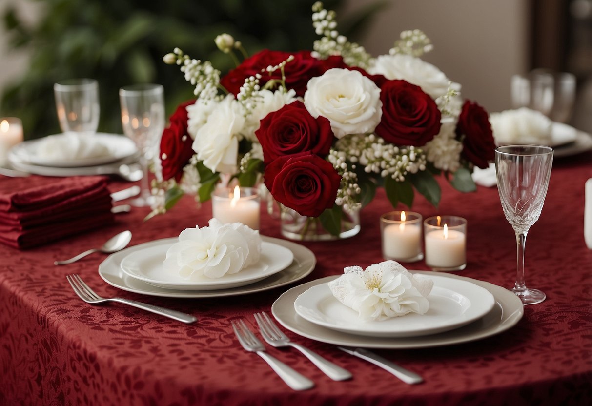 A table set with cherry red tablecloths, adorned with white lace and delicate floral centerpieces