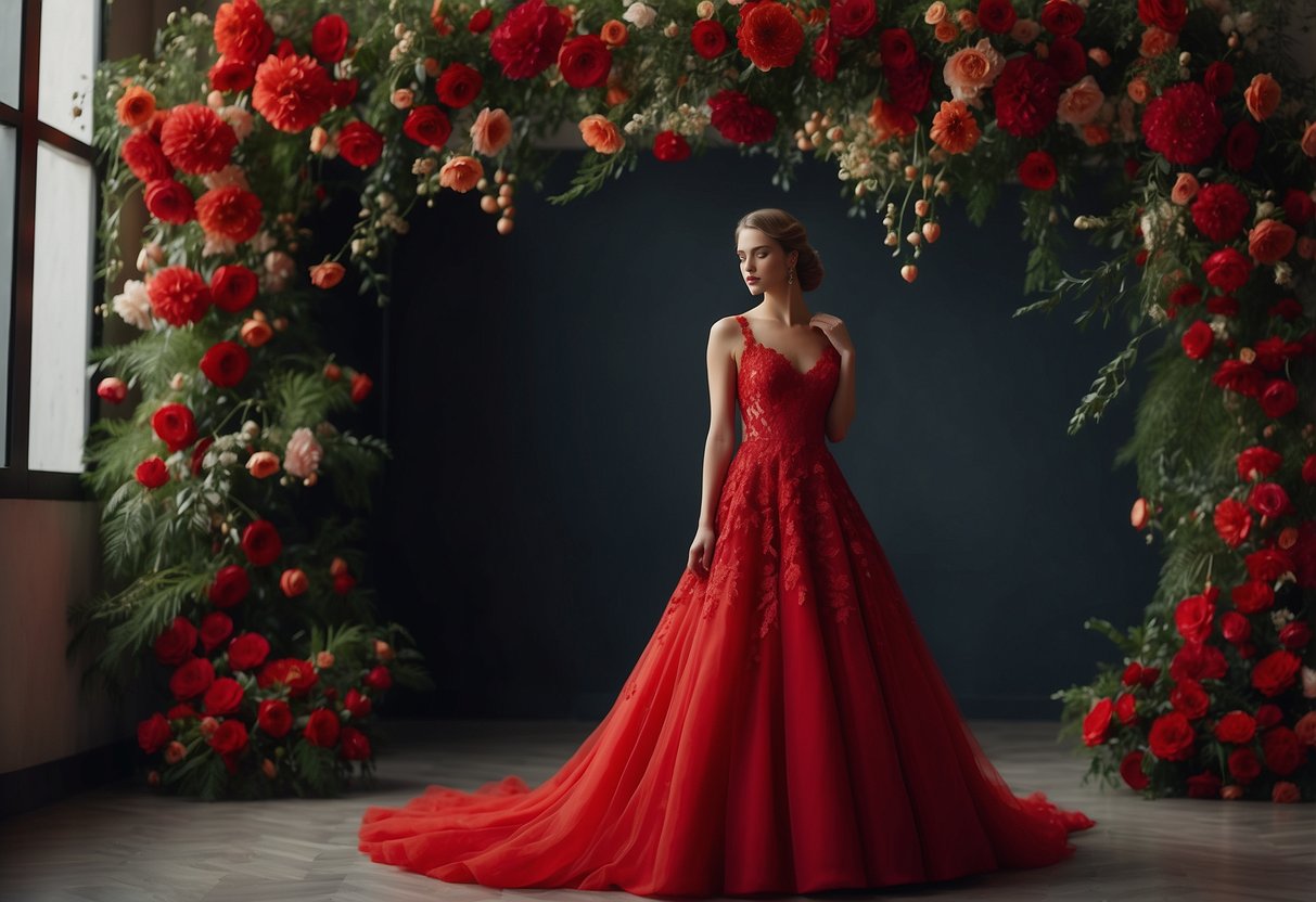 A scarlet bridal gown hangs gracefully on a mannequin, surrounded by red wedding décor and floral arrangements