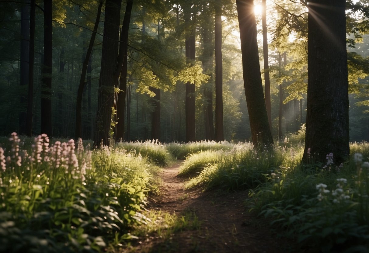 A serene forest clearing with an altar of woven branches and wildflowers, surrounded by towering trees and dappled sunlight