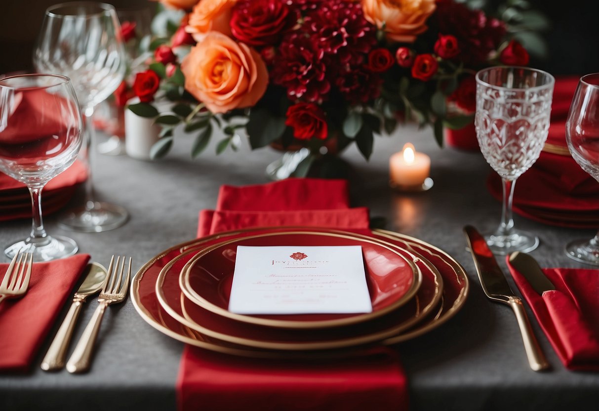 A vibrant red wedding table setting with ruby invitations, red floral centerpieces, and elegant red accents