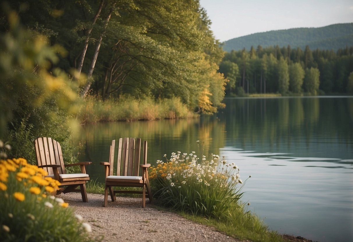 A serene lakeside setting with a simple altar and two chairs facing the water, surrounded by lush greenery and wildflowers