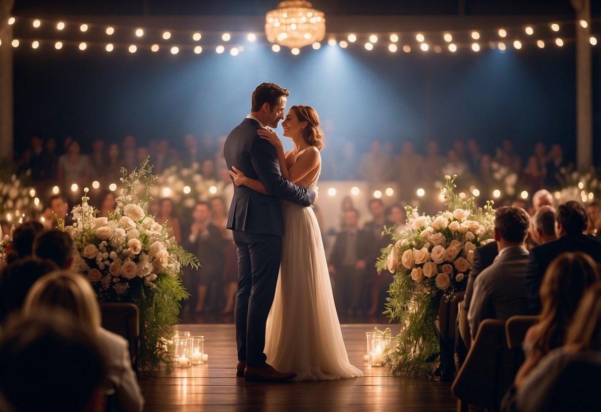 A couple embraces in front of a crowd, as the speaker shares heartfelt words, evoking tears and laughter. The setting is adorned with soft, romantic lighting and delicate floral arrangements