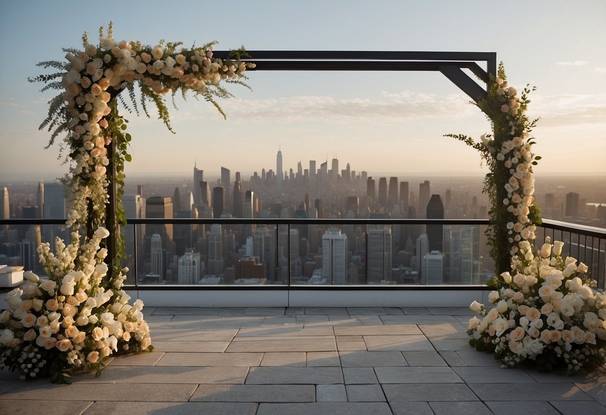 A rooftop adorned with flowers, a lone wedding arch, and a breathtaking view of the city skyline