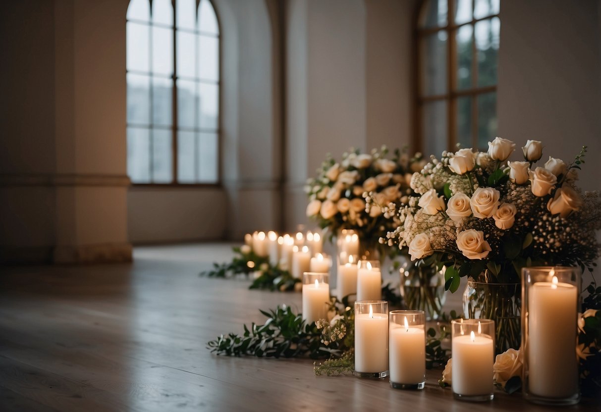 An empty art gallery adorned with flowers and candles for a wedding ceremony with no guests