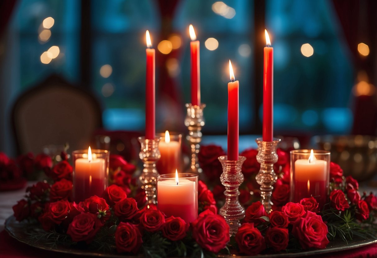 A table adorned with crimson candles, casting a warm glow on a red wedding theme