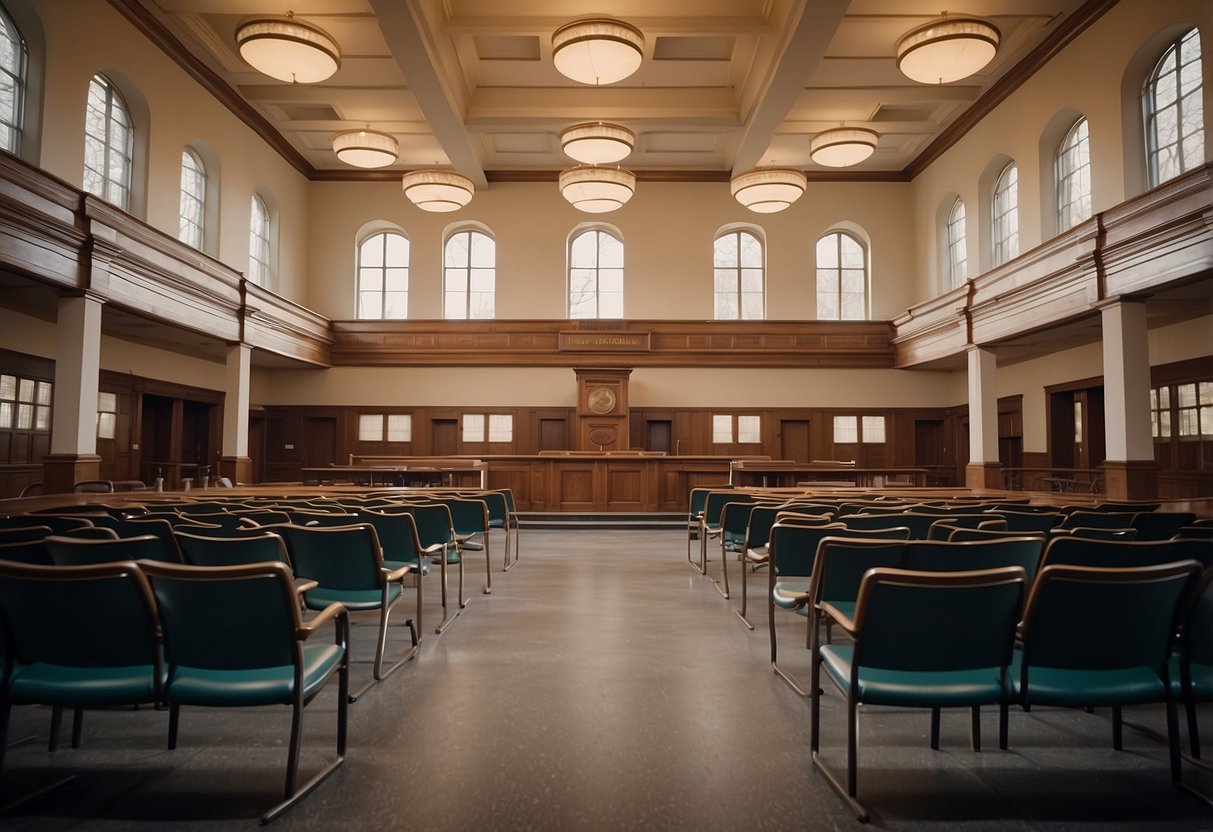 A courthouse with empty chairs, a judge's bench, and a marriage license displayed prominently