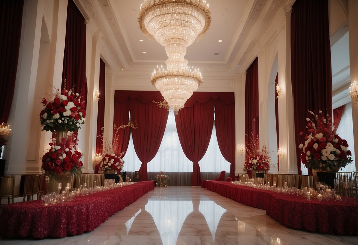 A grand ballroom with maroon drapes, adorned with red wedding decor and flowers