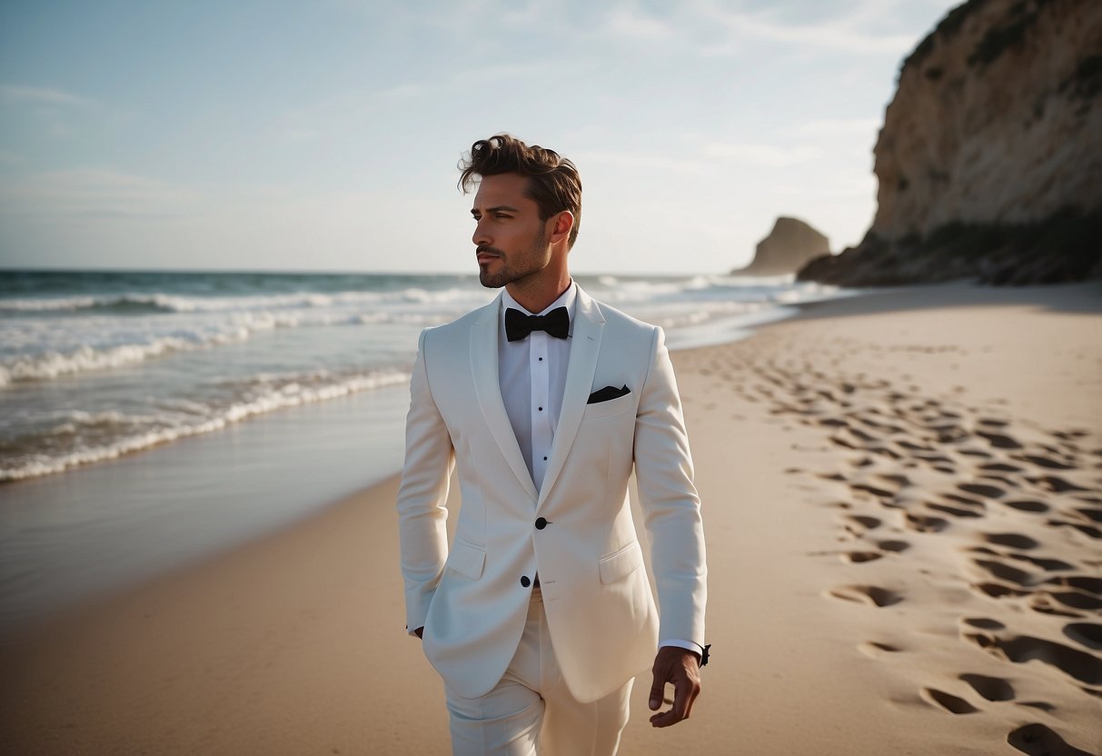 A groom in a white tuxedo stands barefoot on the sandy beach, with the ocean waves in the background. The tuxedo is classic with a modern twist, featuring a crisp white jacket and black trousers