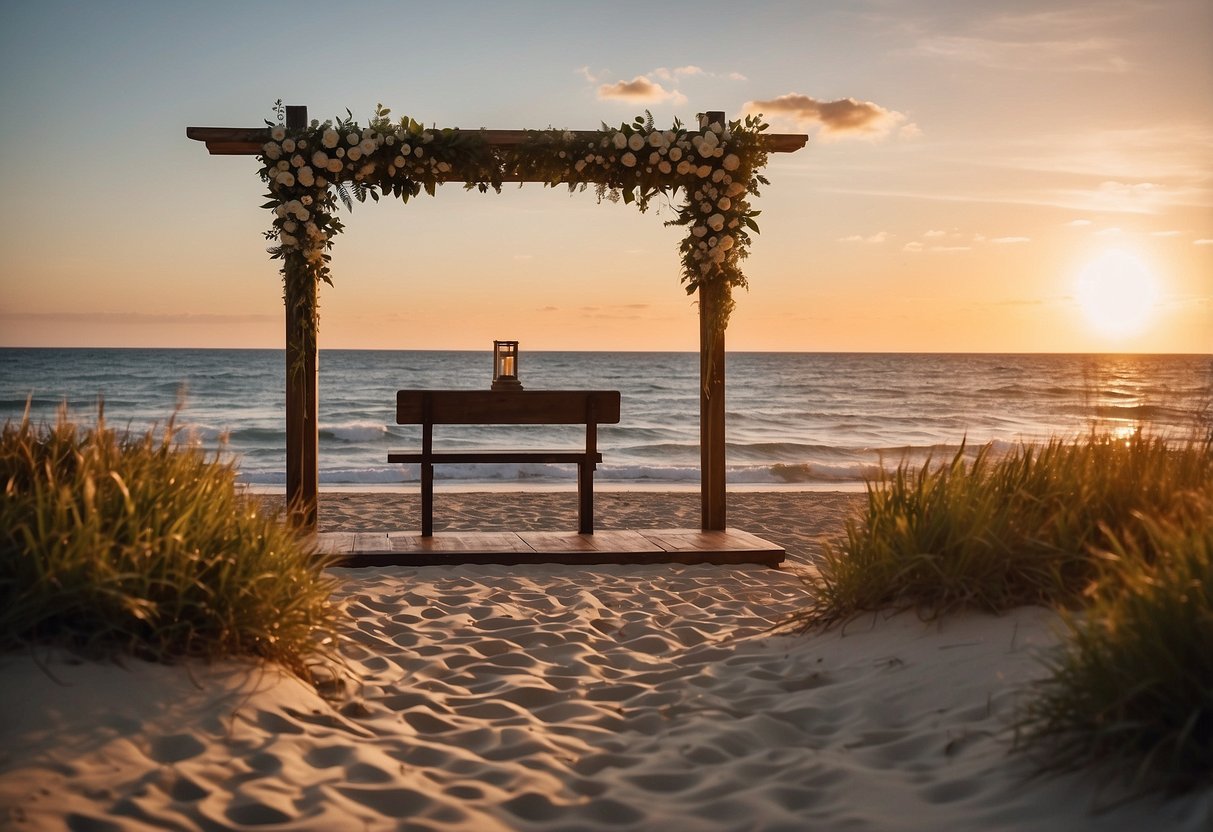 A secluded beach at sunset, with a simple wooden altar and a serene ocean backdrop