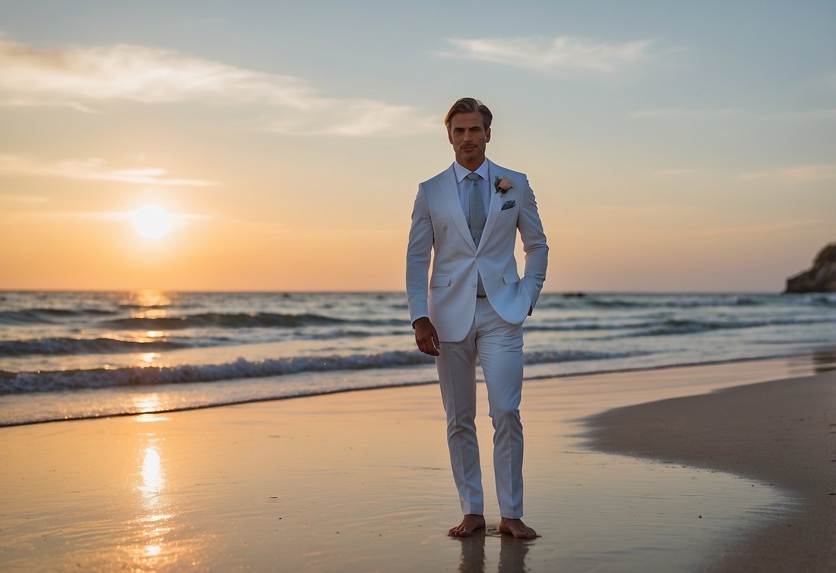 A groom in a classic white tux stands barefoot on a sandy beach, with gentle waves and a picturesque sunset in the background