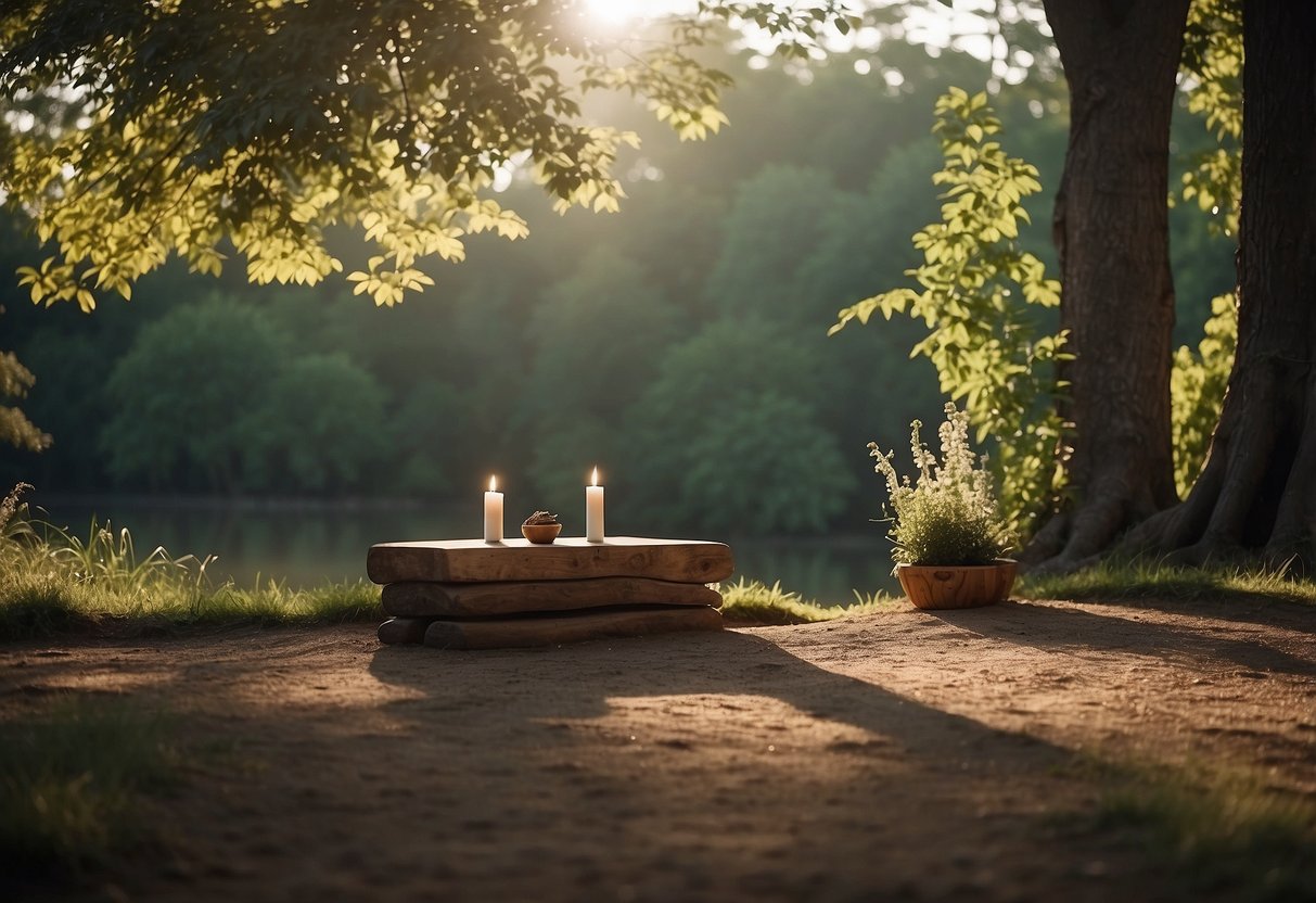 A serene outdoor setting with a simple altar and natural decor, surrounded by trees and a peaceful atmosphere