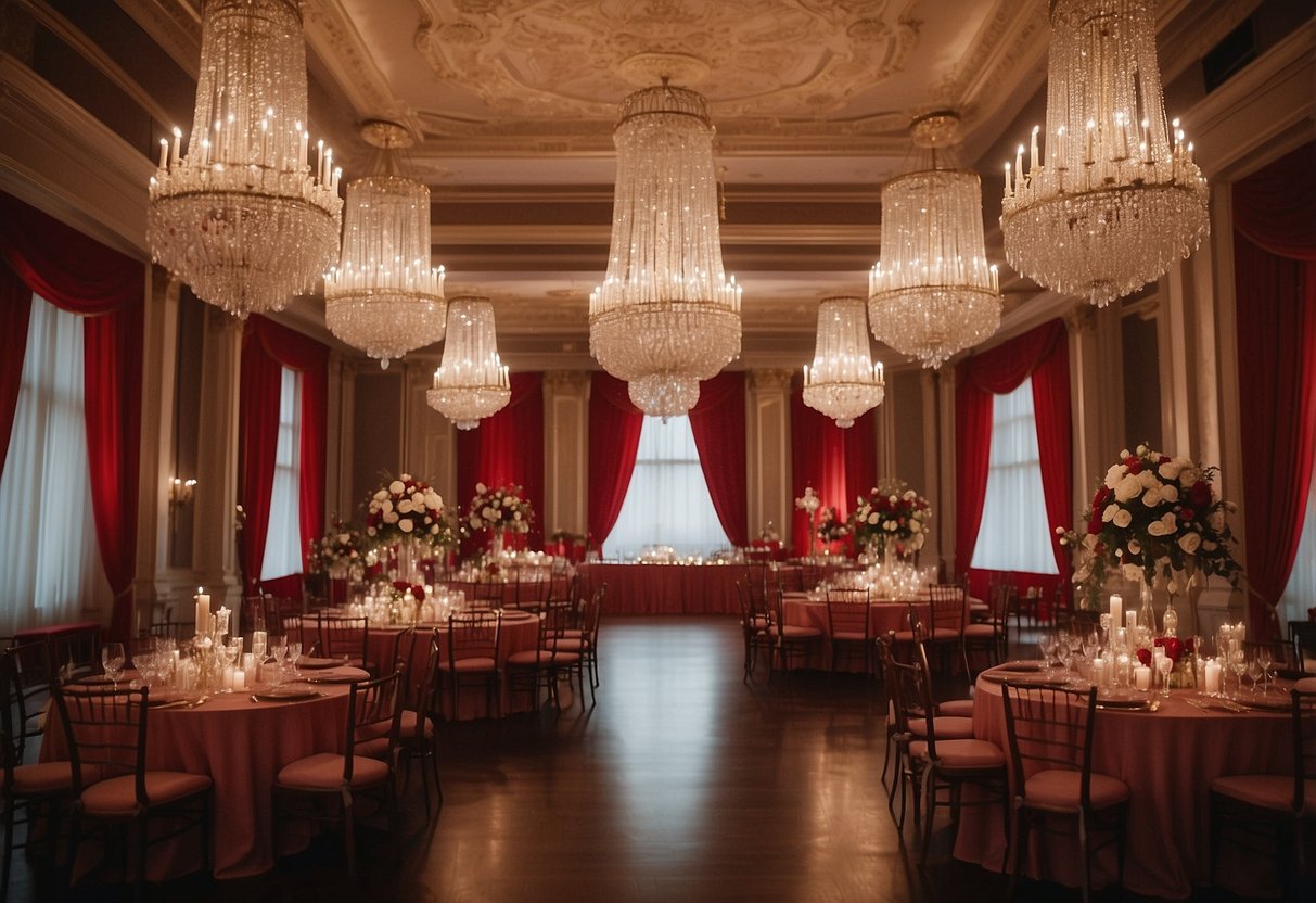 A grand ballroom adorned with crimson drapes, opulent chandeliers, and lavish floral arrangements. The venue exudes elegance and romance, perfect for a red-themed wedding