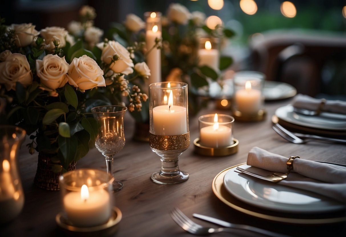 A table set with candles, flowers, and elegant dinnerware. Soft lighting and romantic music create a cozy atmosphere