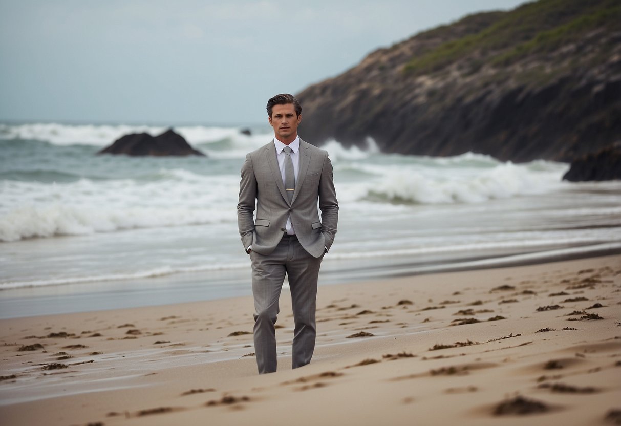 A light gray tuxedo stands on a sandy beach, with the ocean waves in the background