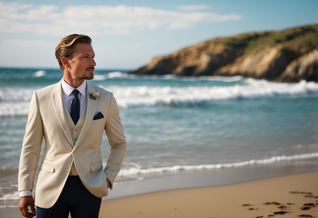 A groom stands on a sandy beach, wearing a crisp ivory dinner jacket with the ocean waves gently crashing in the background