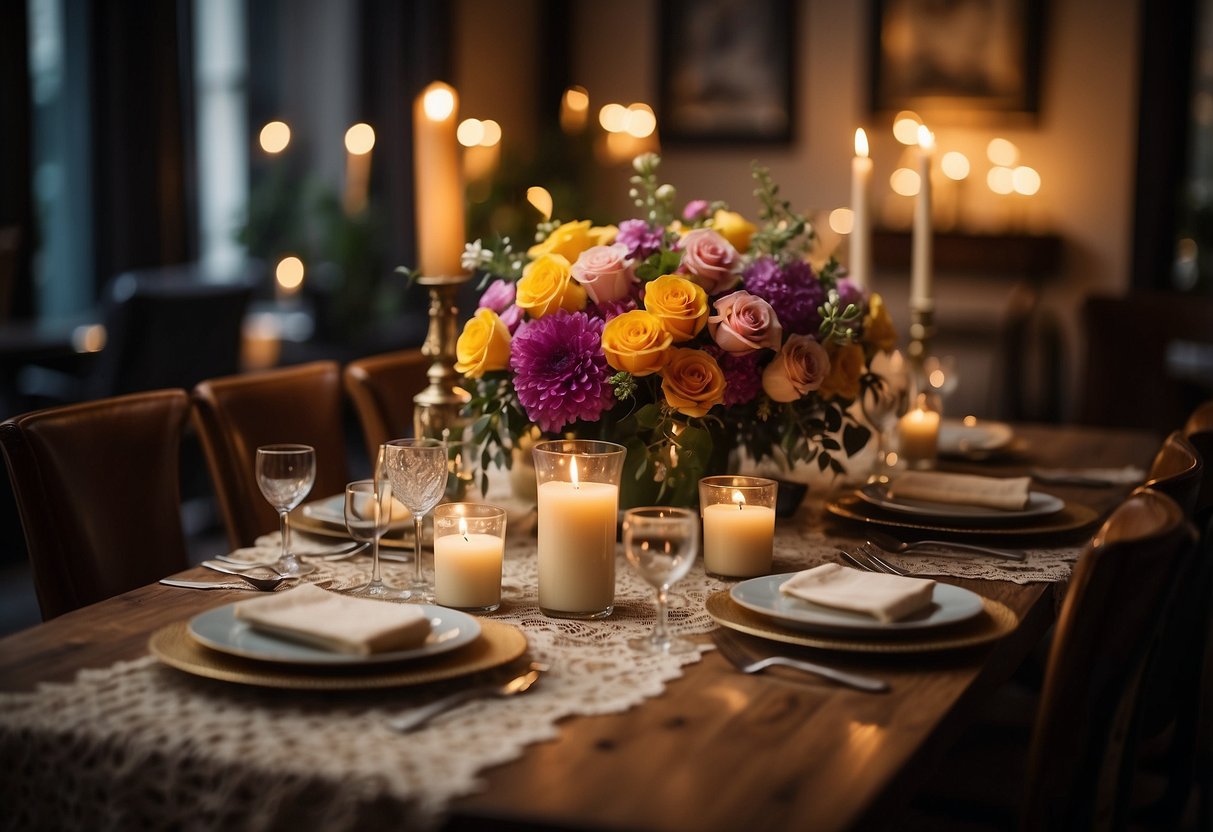 Colorful floral centerpieces arranged on a dining table with candles and lace. Surrounding area is dimly lit, creating a romantic ambiance