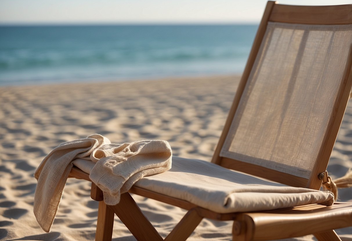 A sandy beach with a gentle breeze, a linen blazer and pants laid out on a wooden chair, with a view of the ocean in the background