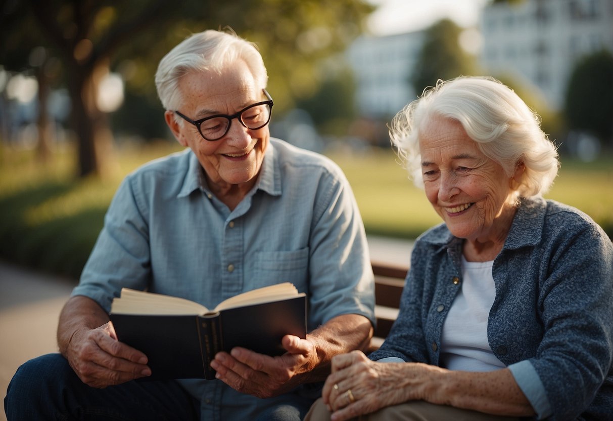 A young child and an elderly person sit together, sharing a book and discussing their favorite hobbies