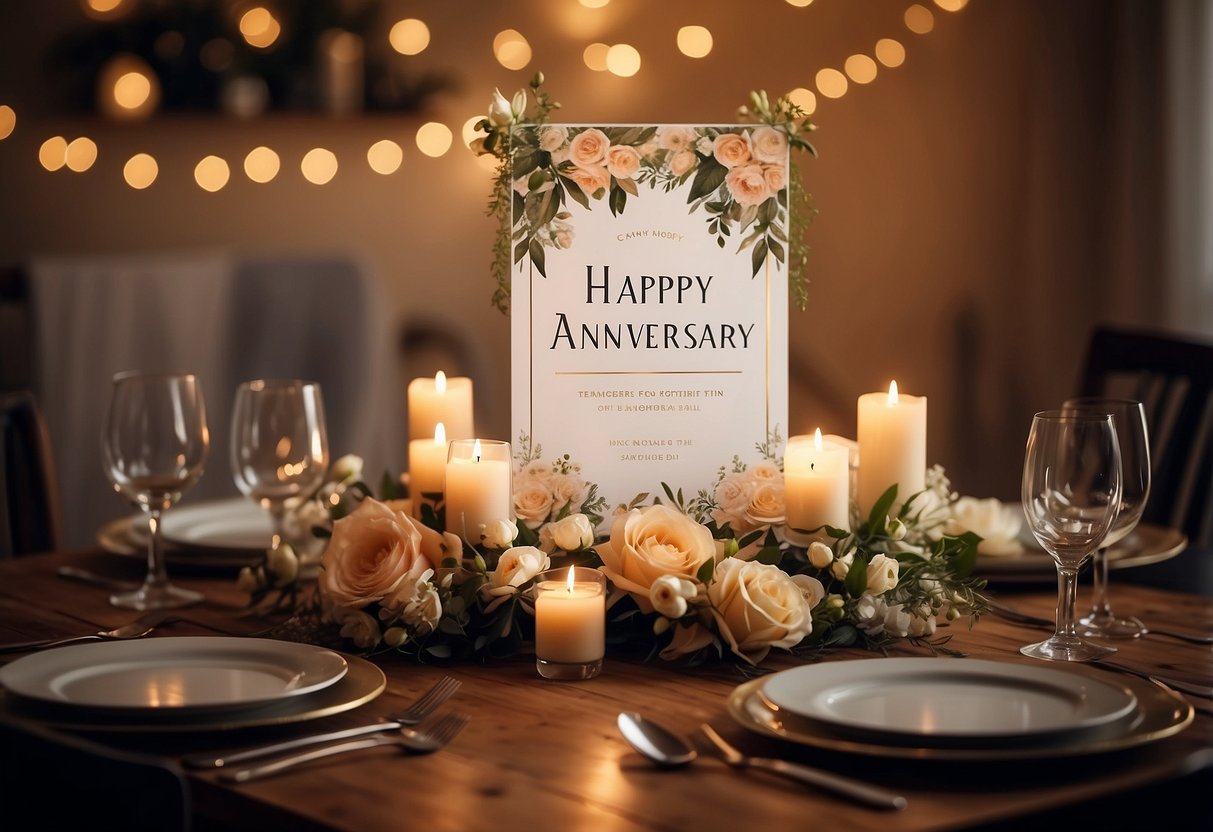 A banner with "Happy Anniversary" hangs above a beautifully set dining table, adorned with flowers and candles. A personalized touch adds warmth to the intimate home celebration