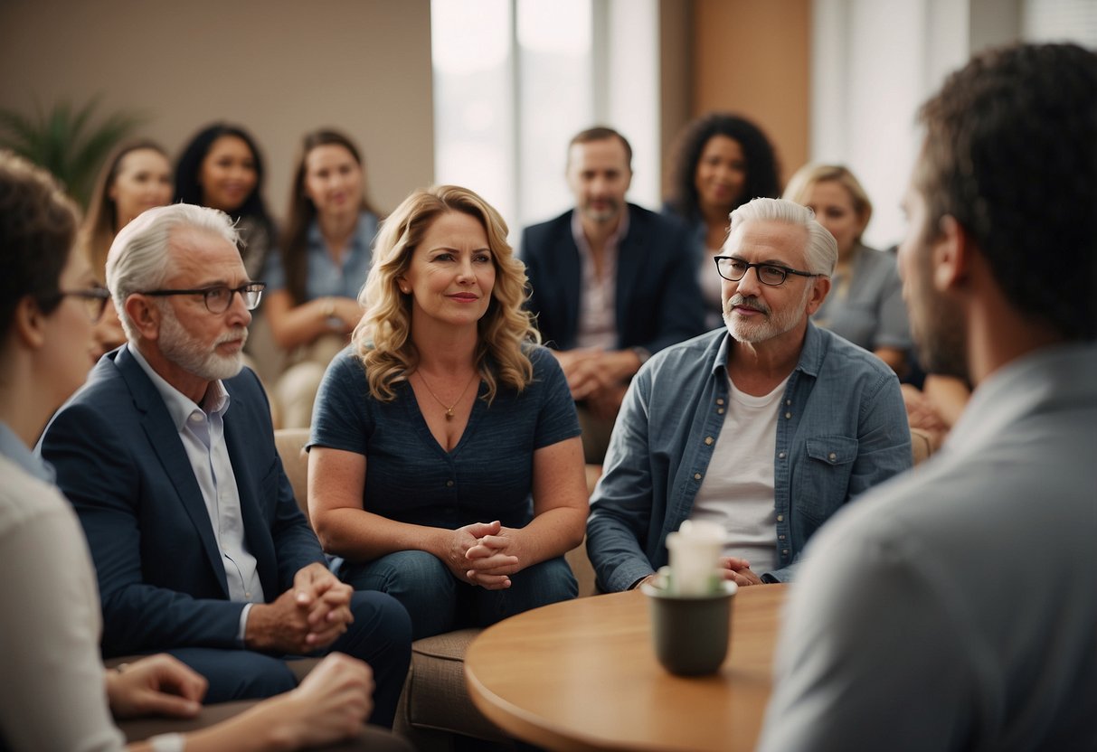 A group of people sit in a circle, discussing age gaps. Some gesture emphatically, while others listen intently. The room is filled with lively debate and varying opinions