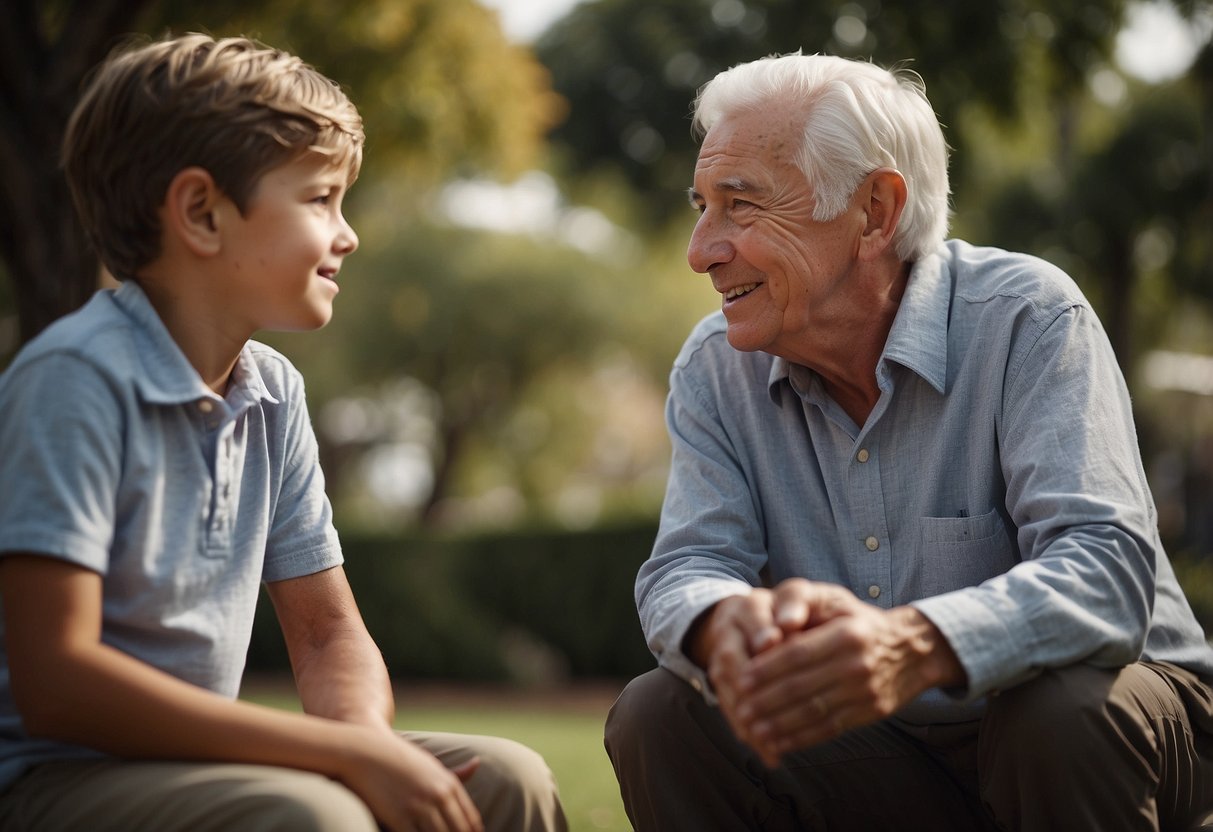 A young child and an elderly person sit together, discussing their dreams and aspirations. A line connects their thoughts, symbolizing their aligned goals and futures