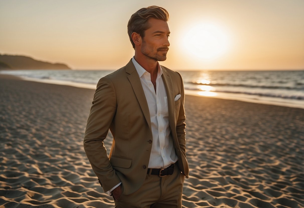 A groom in a khaki cotton suit stands on a sandy beach, with the ocean in the background. The sun is setting, casting a warm glow over the scene