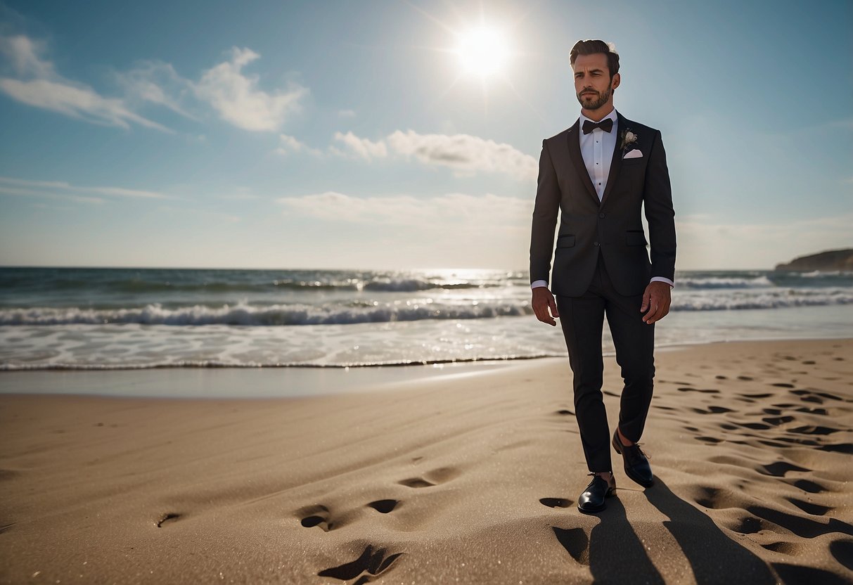 A groom standing on a sandy beach, wearing a stylish tuxedo made of lightweight, breathable fabric, with the ocean waves in the background