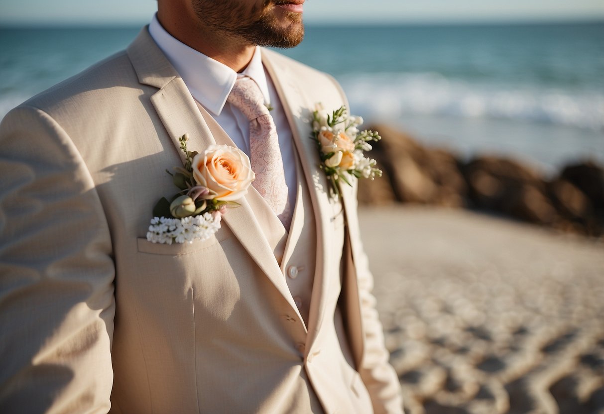 A beach wedding tuxedo with a light-colored linen suit, paired with a pastel shirt and a floral boutonniere. The groom's attire complements the natural beach backdrop with a relaxed and elegant look