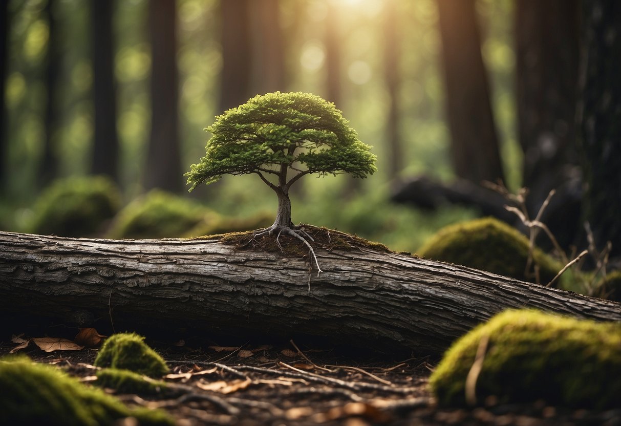 A young tree stands beside an old, weathered tree, symbolizing a significant age gap. The contrast in size and appearance illustrates the concept of age gap relationships