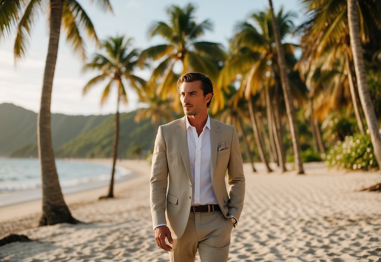 A groom in a lightweight linen tuxedo, standing barefoot on a sandy beach with a gentle ocean breeze blowing, surrounded by palm trees and tropical flowers