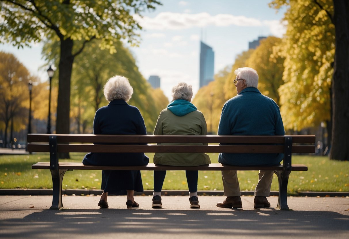 A young person and an elderly person sitting at opposite ends of a park bench, with disapproving glances from passersby