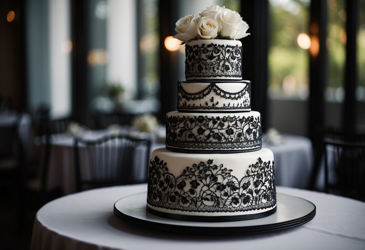 A tiered wedding cake adorned with elegant black and white floral designs, featuring intricate lace patterns and a sleek, modern silhouette