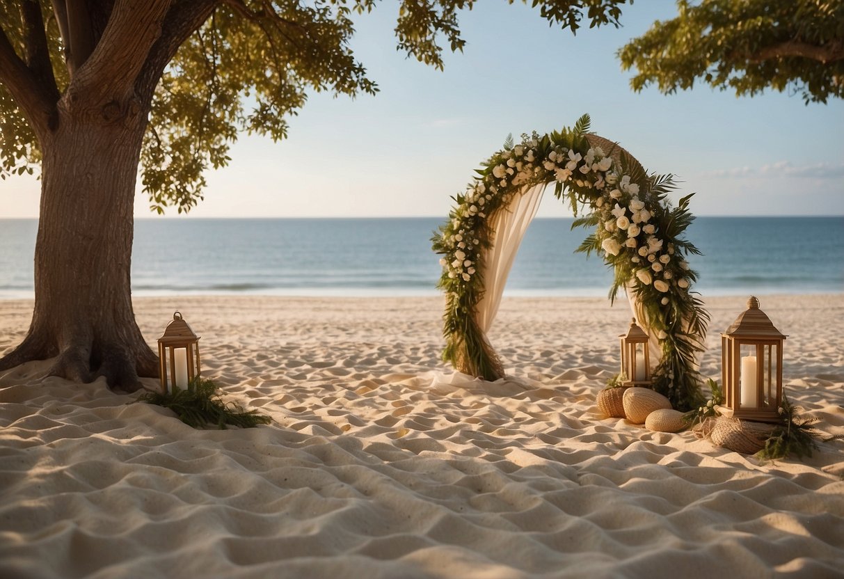 A simple beach altar with draped fabric, seashell decorations, and lanterns. A bamboo arch adorned with flowers and greenery. Casual seating on the sand