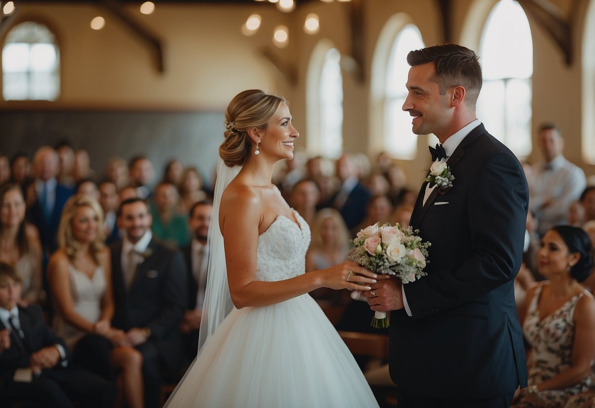 The officiant recites "I take you to be my lawfully wedded spouse" at the wedding