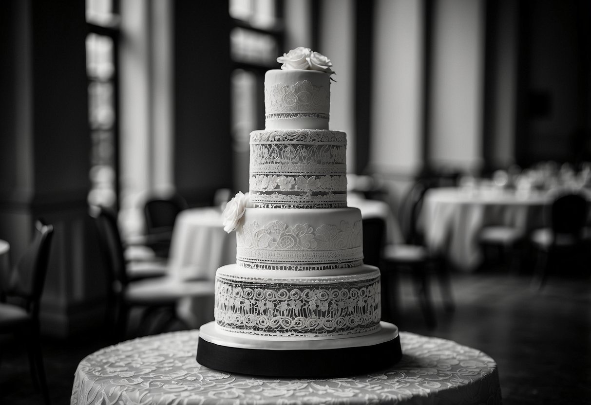 A three-tiered wedding cake adorned with intricate vintage lace patterns in black and white