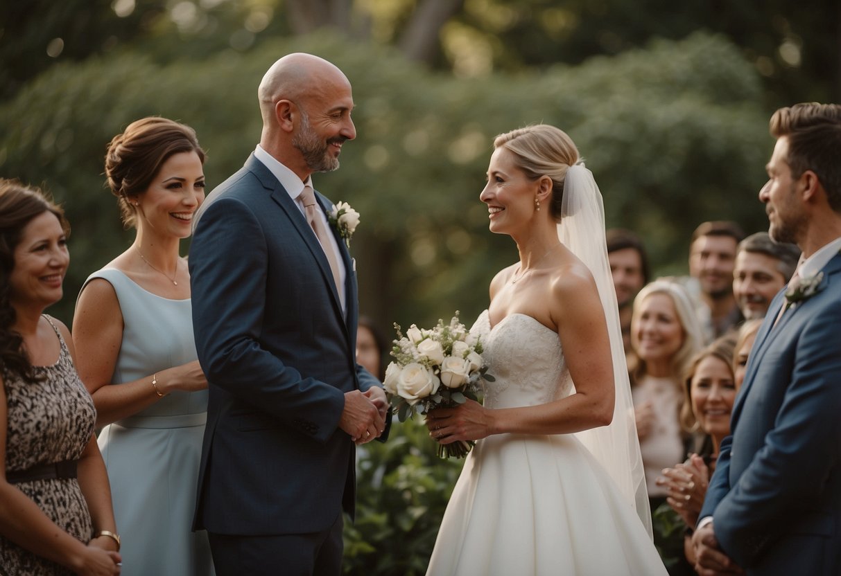 Two people stand facing each other, surrounded by friends and family. The officiant speaks the words "To have and to hold from this day forward" as the couple exchange vows