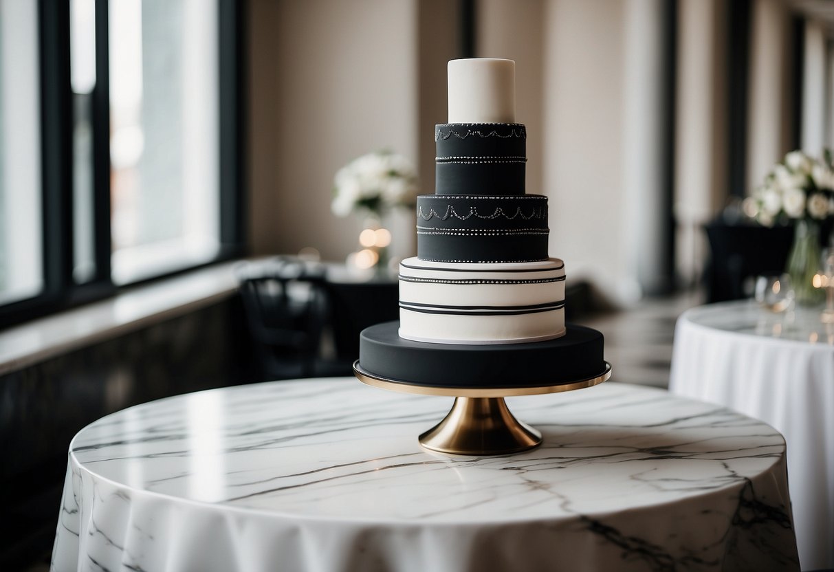 A sleek, three-tiered black and white wedding cake stands on a marble table, adorned with geometric patterns and clean lines