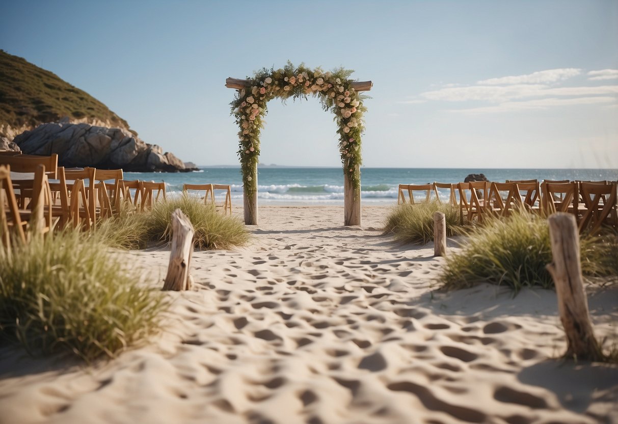 Driftwood arches frame a sandy aisle, adorned with simple beach wedding decor