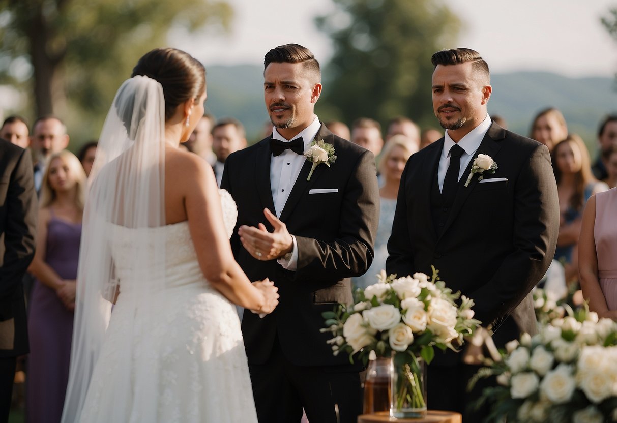 The officiant speaks the words "In sickness and in health" during the wedding ceremony