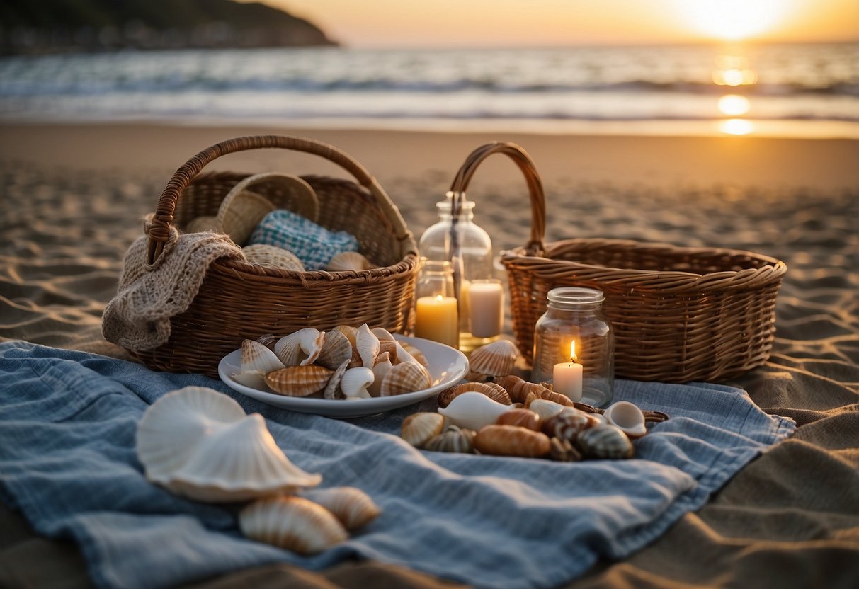 A seaside picnic with blankets, baskets, and scattered seashells, surrounded by gentle waves and a colorful sunset