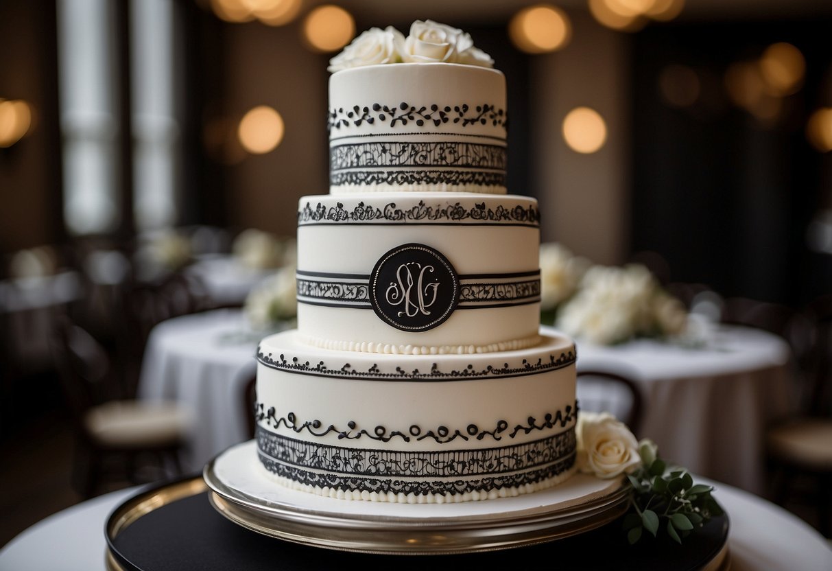 A tiered wedding cake with classic monogrammed black and white design, adorned with elegant patterns and intricate details