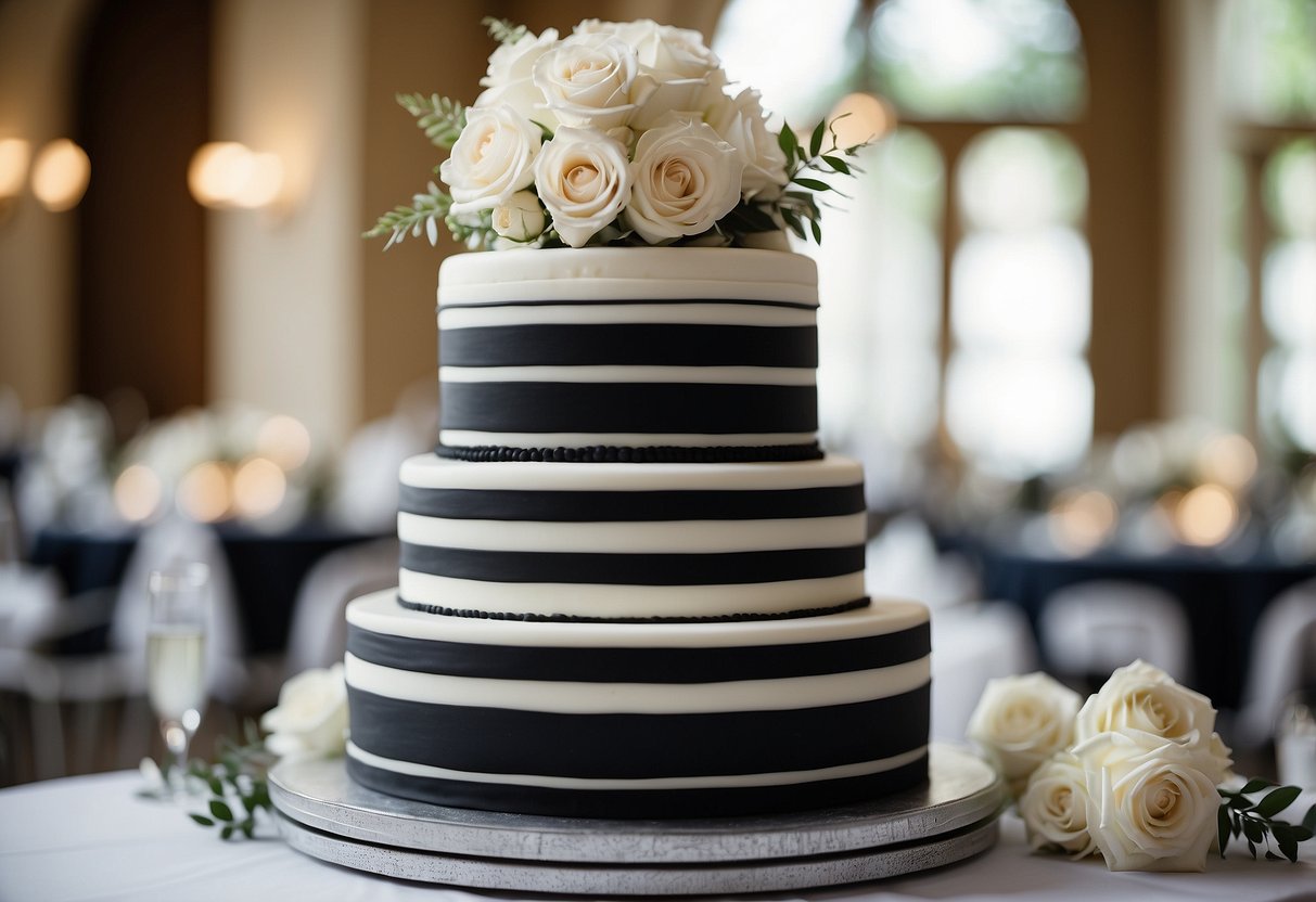 A three-tiered wedding cake with alternating black and white stripes, adorned with elegant floral accents and a sleek, modern design