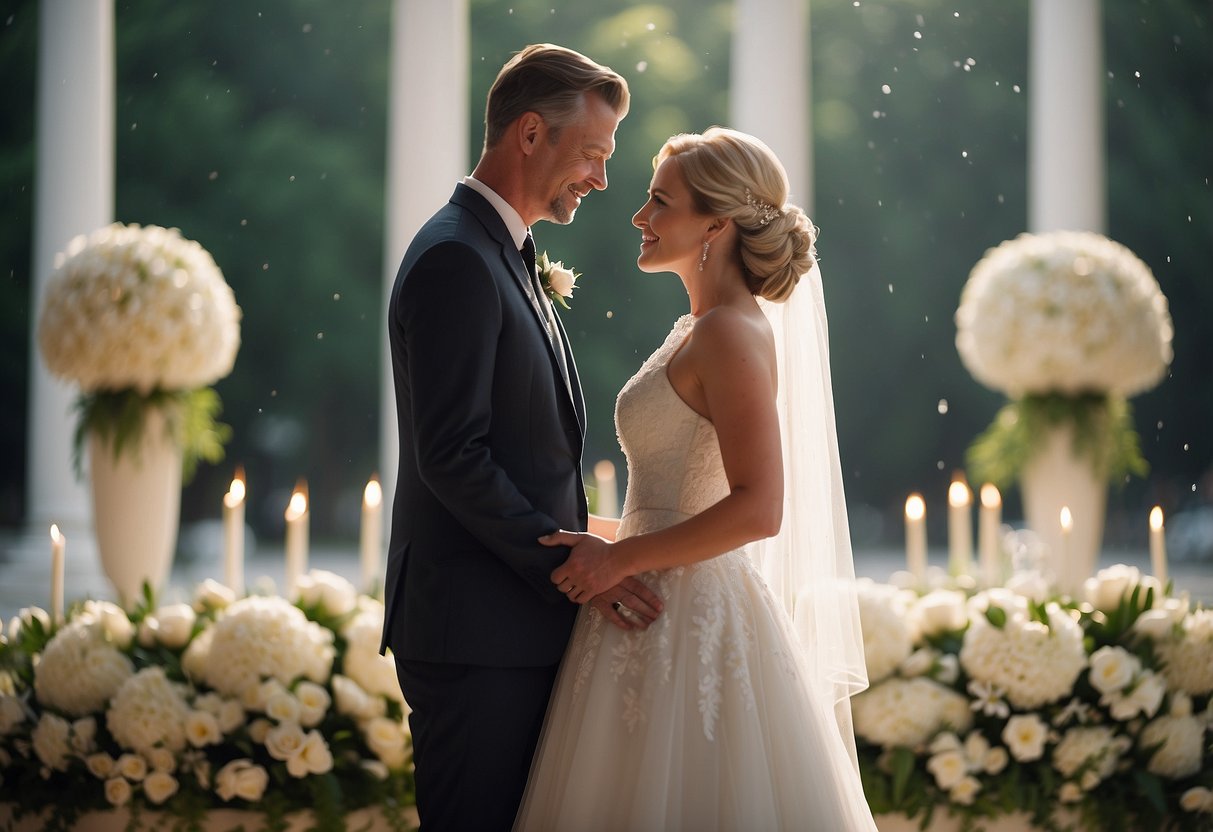 A couple stands facing each other, a minister officiating their wedding. The words "Until death do us part" are spoken, sealing their marriage legally