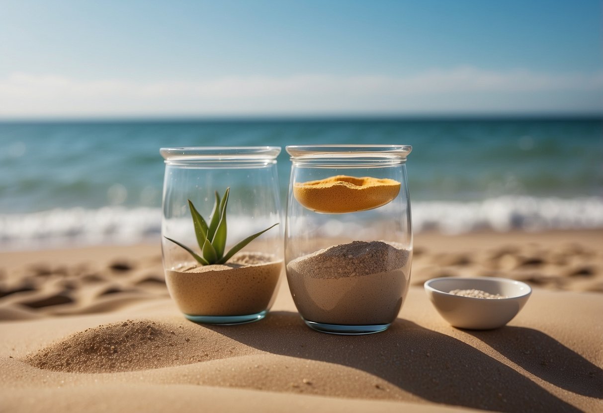 A sandy beach with two vases filled with different colored sand, a small table, and a gentle ocean breeze